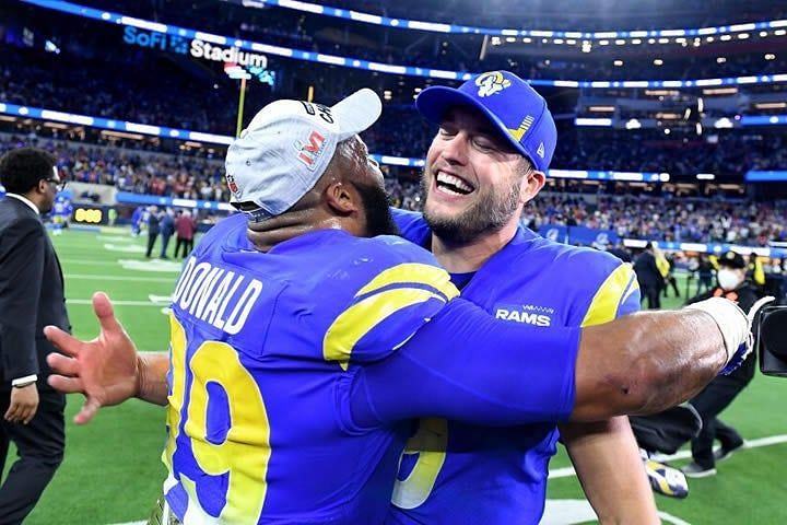 Rams defensive tackle Aaron Donald and quarterback Matthew Stafford celebrating their NFC title
