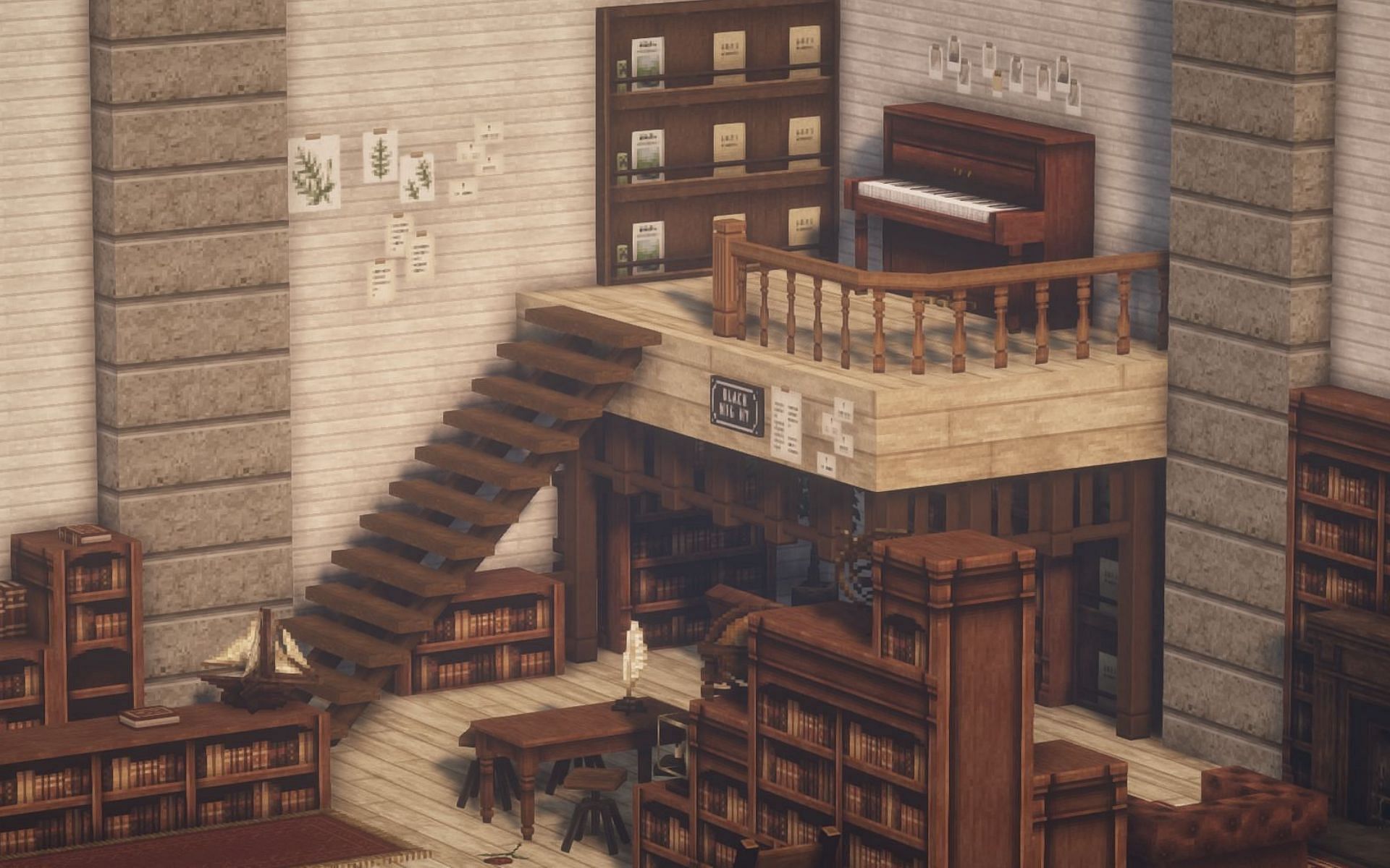 Vintage library interior in Minecraft (Image via u/slblu Reddit)