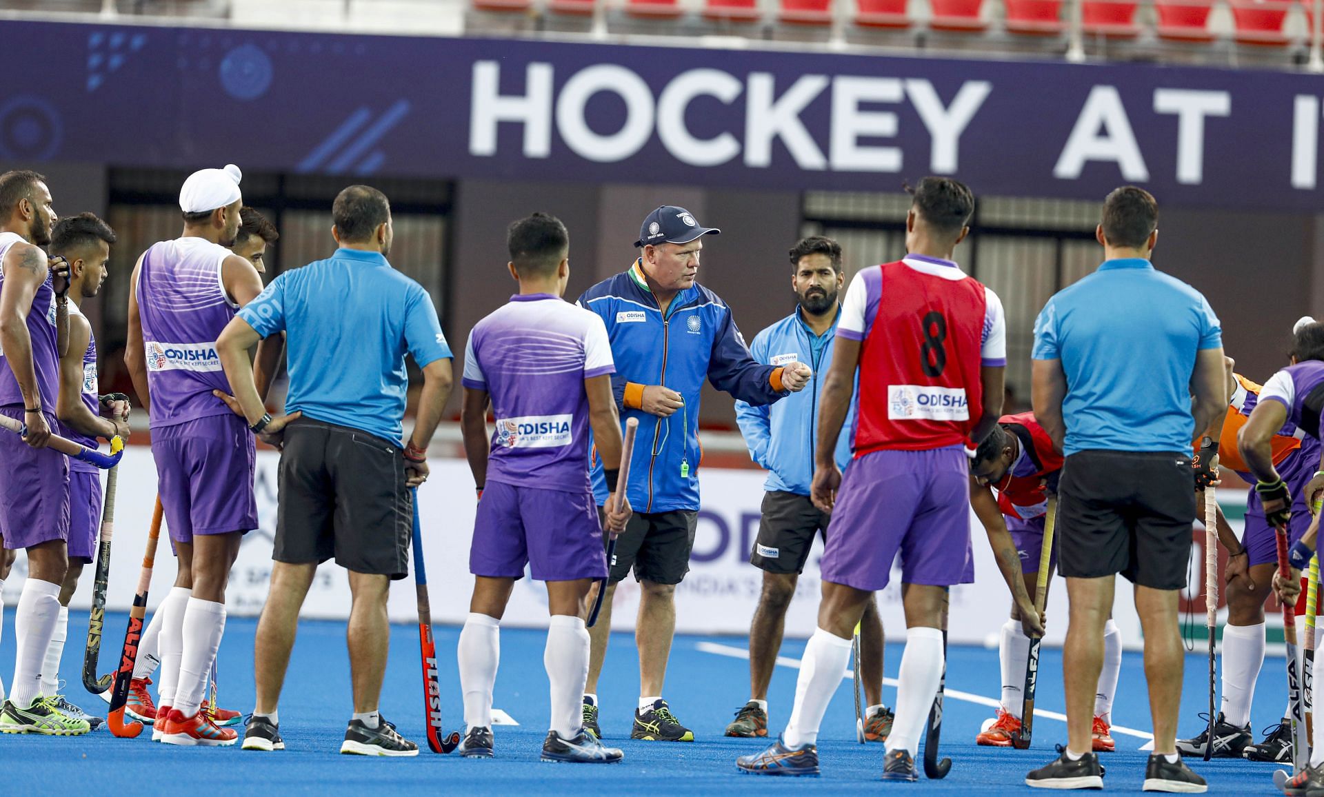 The Indian men&#039;s hockey team&#039;s head coach Graham Reid (centre). [PC: Hockey India]