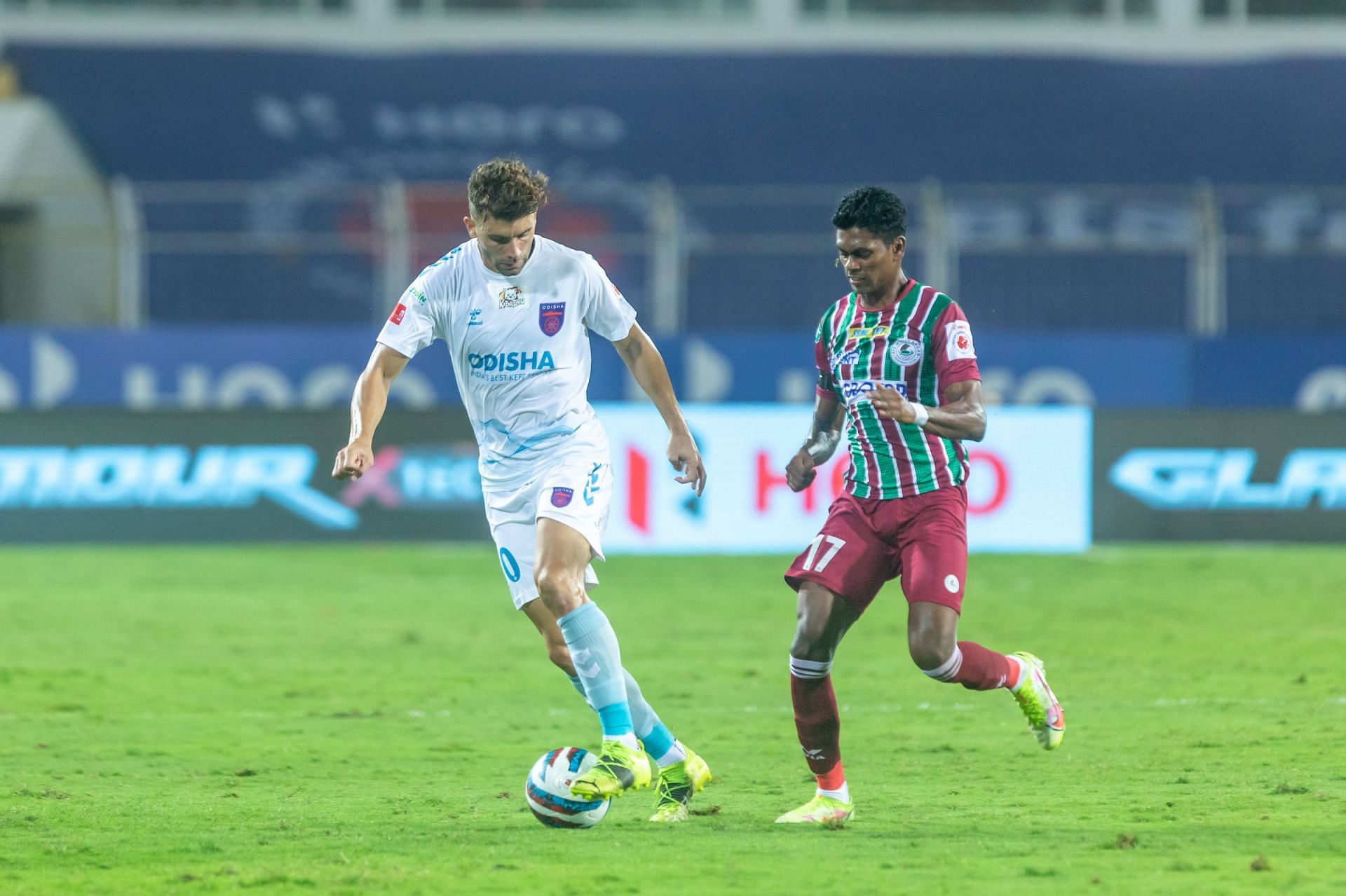 Odisha FC&#039;s Javier Hernandez vying for the ball against ATK Mohun Bagan&#039;s Liston Colaco (Image Courtesy: ISL)