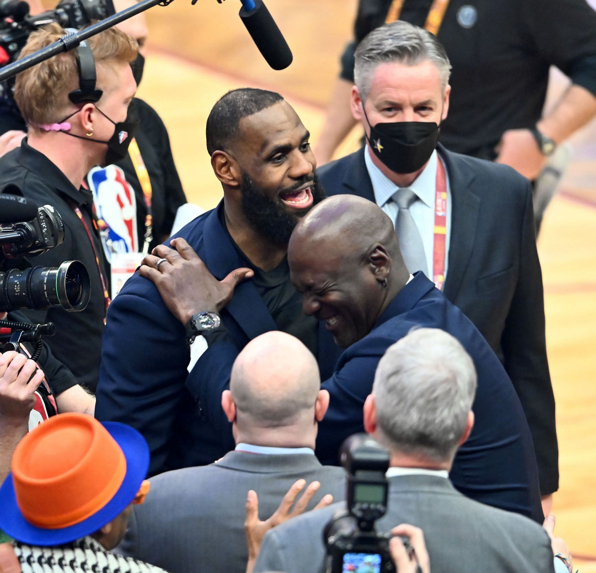 Enter caption Enter caption Michael Jordan (right) and LeBron James hug after the presentation of the NBA 75th Anniversary Team during the 2022 NBA All-Star Game.