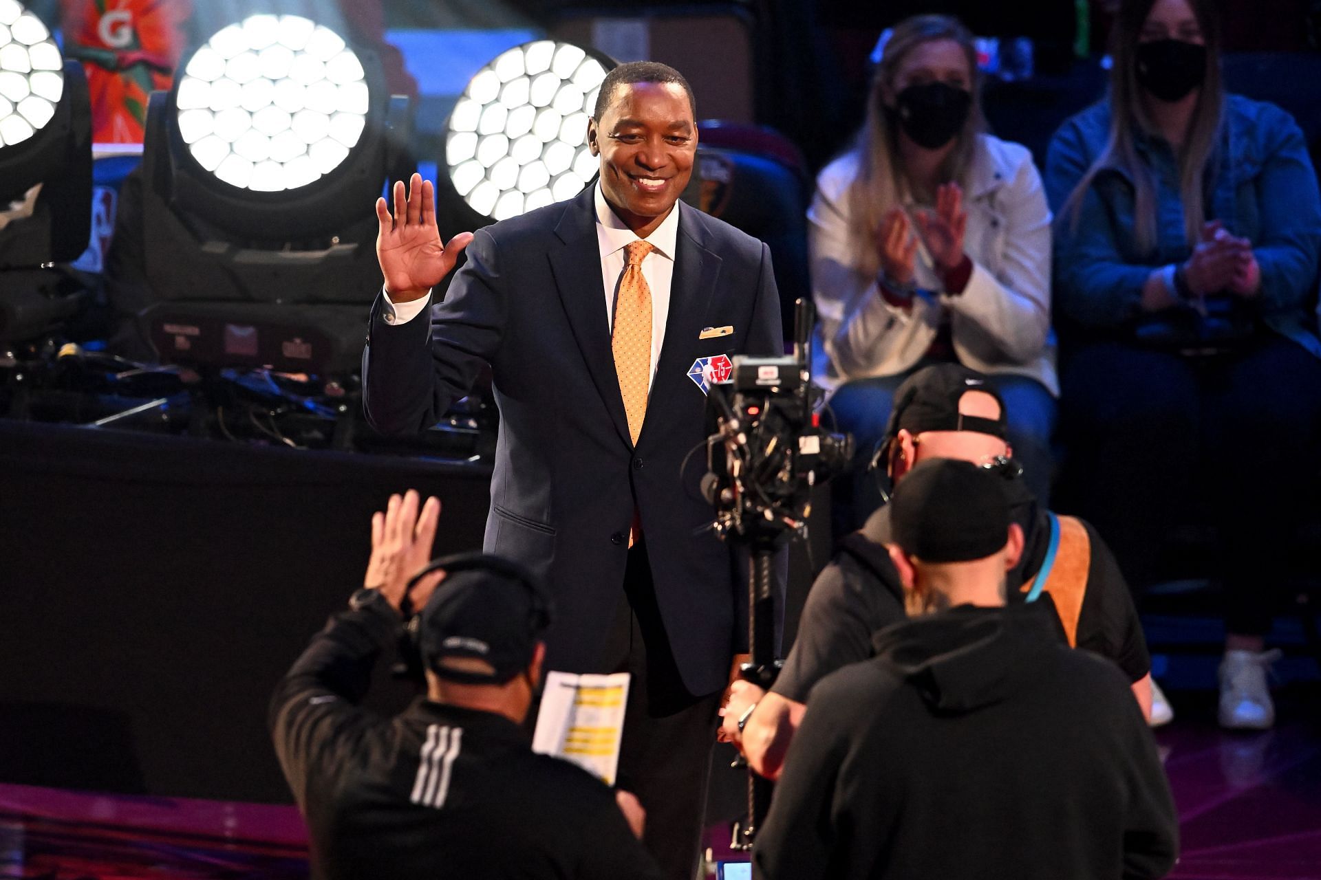 Isiah Thomas reacts after being introduced as part of the NBA 75th Anniversary Team during the 2022 NBA All-Star Game at Rocket Mortgage Fieldhouse on February 20, 2022 in Cleveland, Ohio.