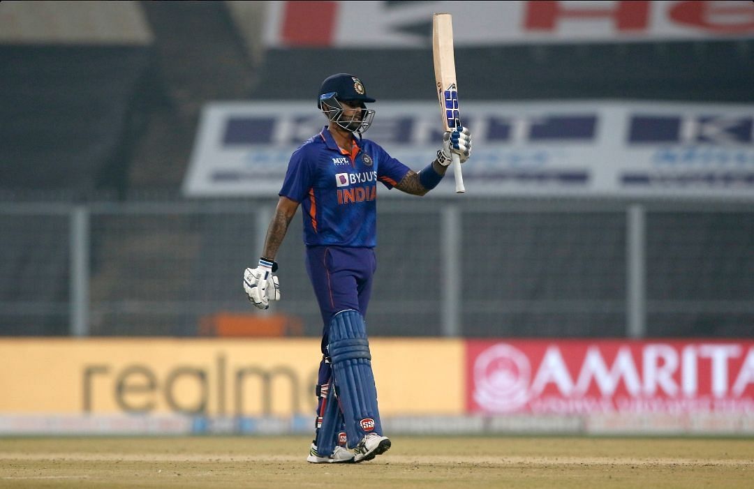 Suryakumar Yadav raising his bat after his fifty in the third T20I [P.C: BCCI]