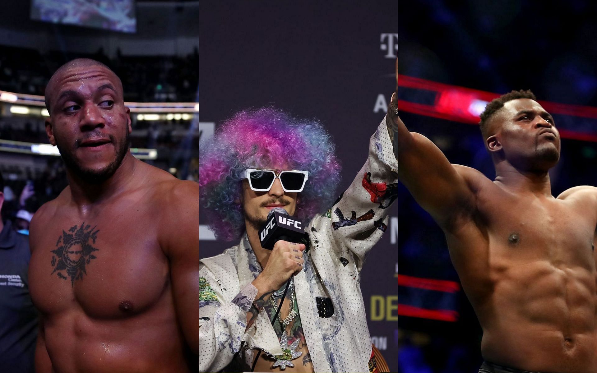 Ciryl Gane [left], Sean O&#039;Malley [center], Francis Ngannou [right]