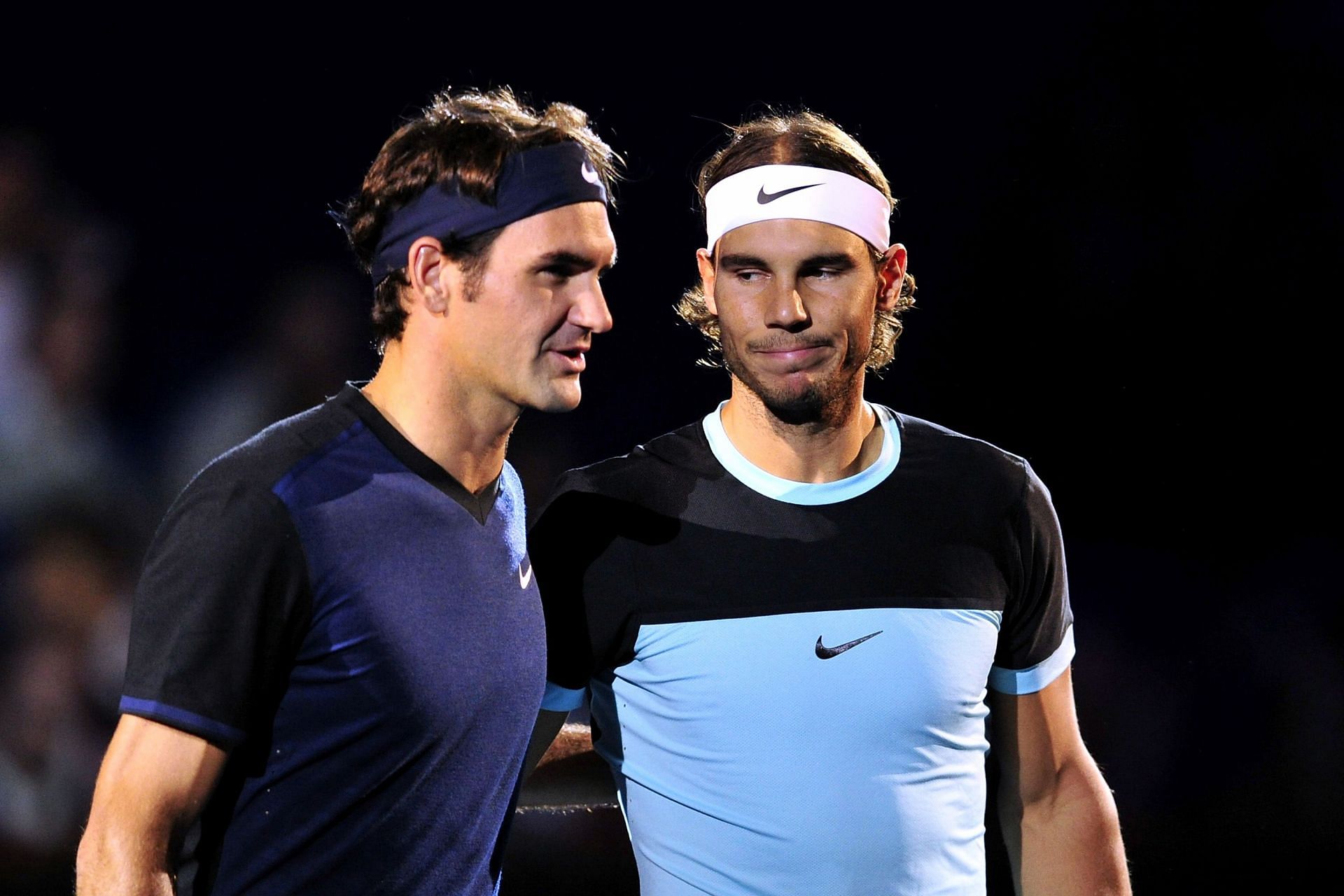 Federer and Nadal pose before the 2015 Swiss Indoors Basel final