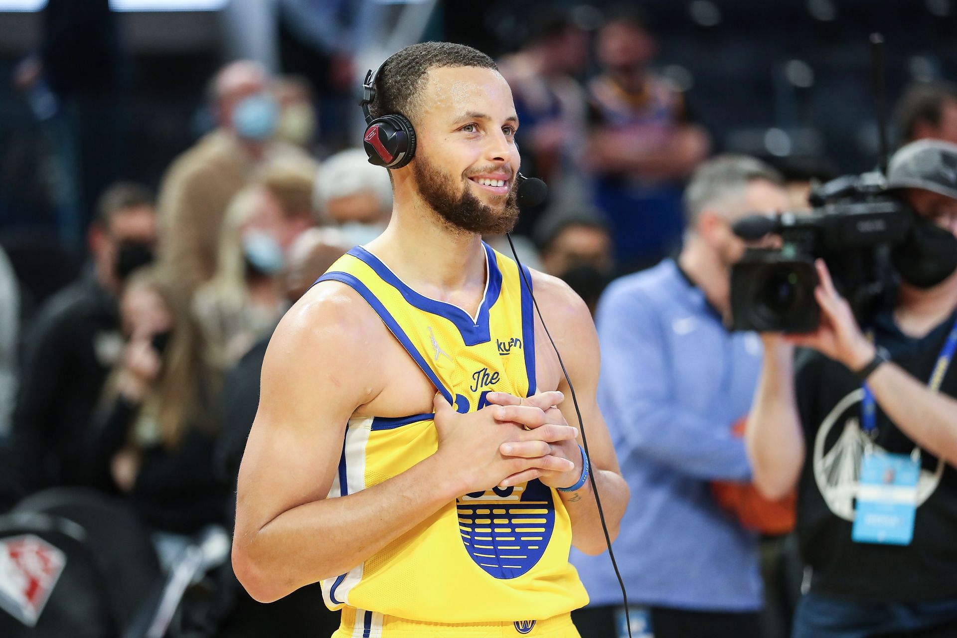 Stephen Curry of the Golden State Warriors during a postgame interview