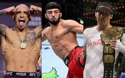 UFC lightweight champion Charles Oliveira (left), No.13 contender of the 155-pound division Arman Tsarukyan (center) and the next title challenger Justin Gaethje (right)