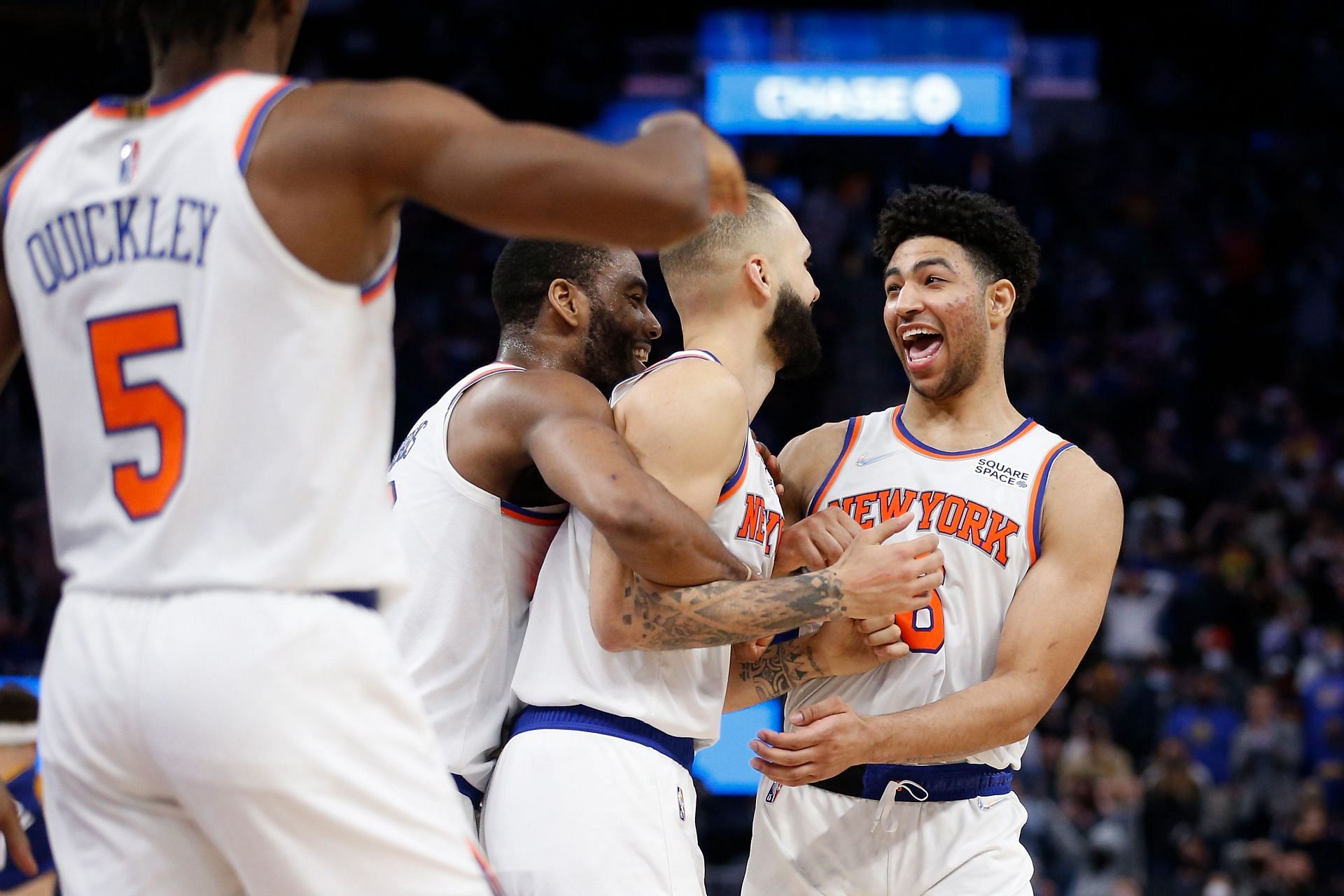 The New York Knicks celebrate a play.