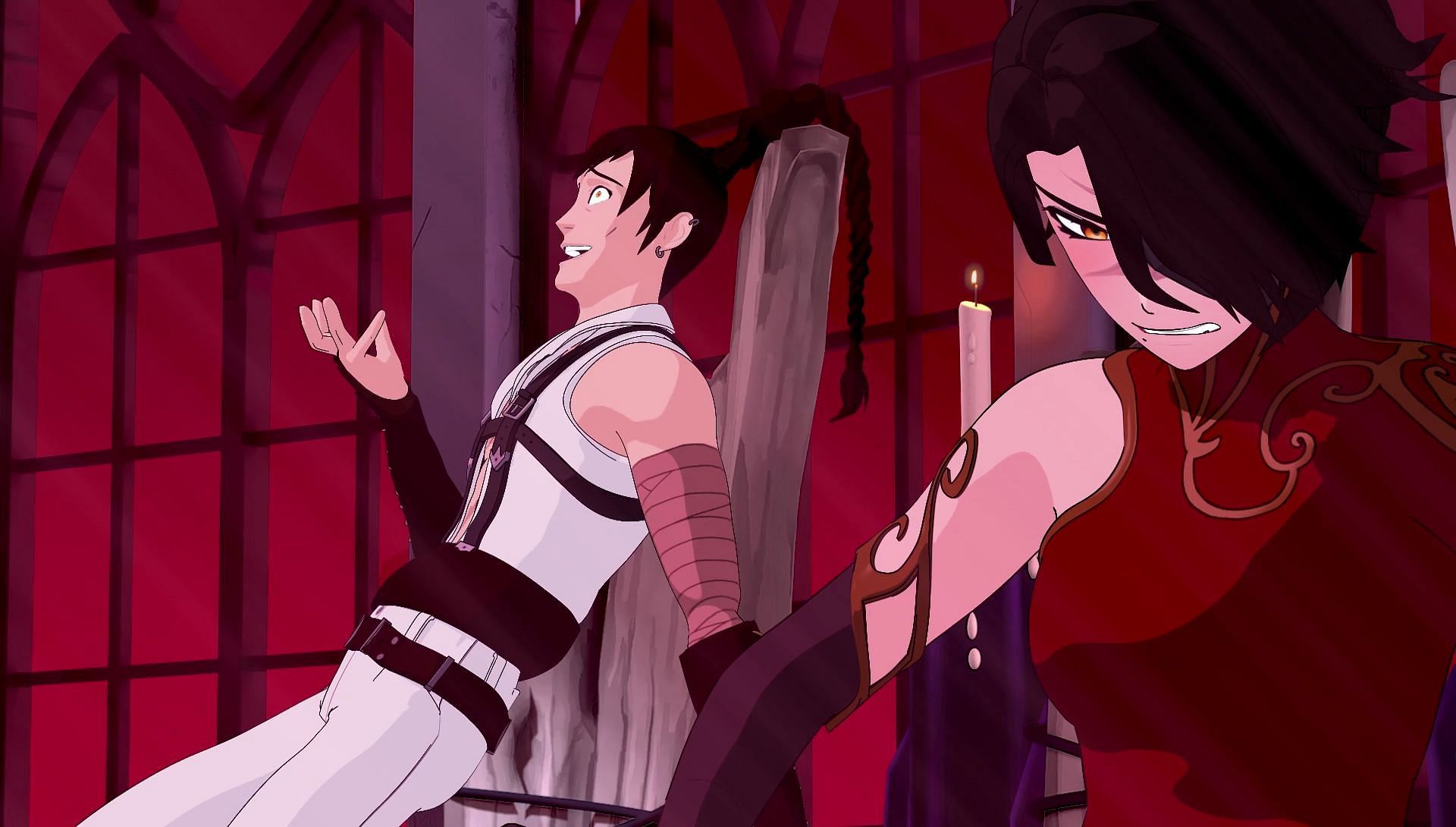 Tyrian Callows (left), laughing madly next to Cinder Fall (right), is an unhinged antagonist (Image via Rooster Teeth)