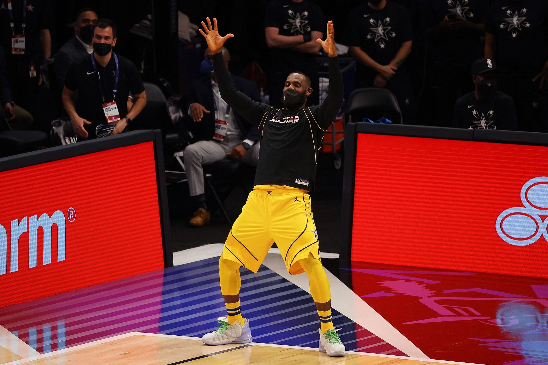 Lebron James of Team LeBron celebrates against Team Durant during the 70th NBA All-Star Game on March 7, 2021 in Atlanta, Georgia.