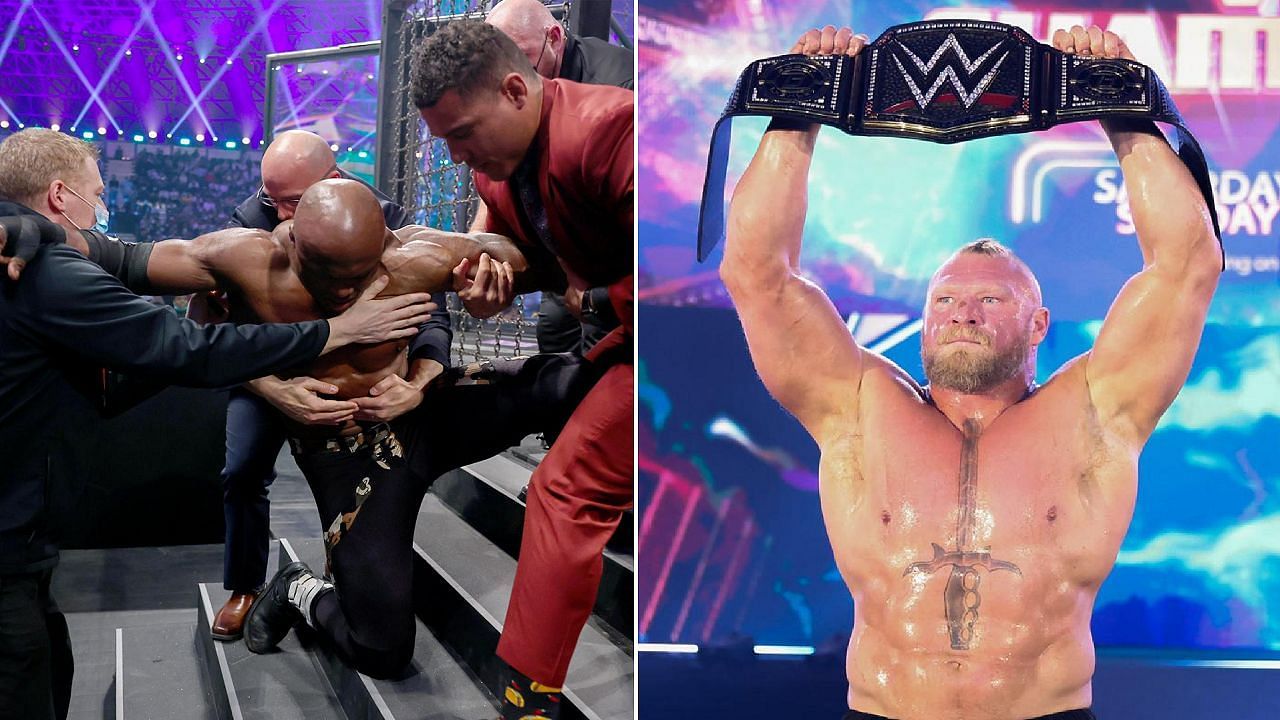 Lashley is taken out of the Elimination Chamber structure; Brock Lesnar wins the WWE title