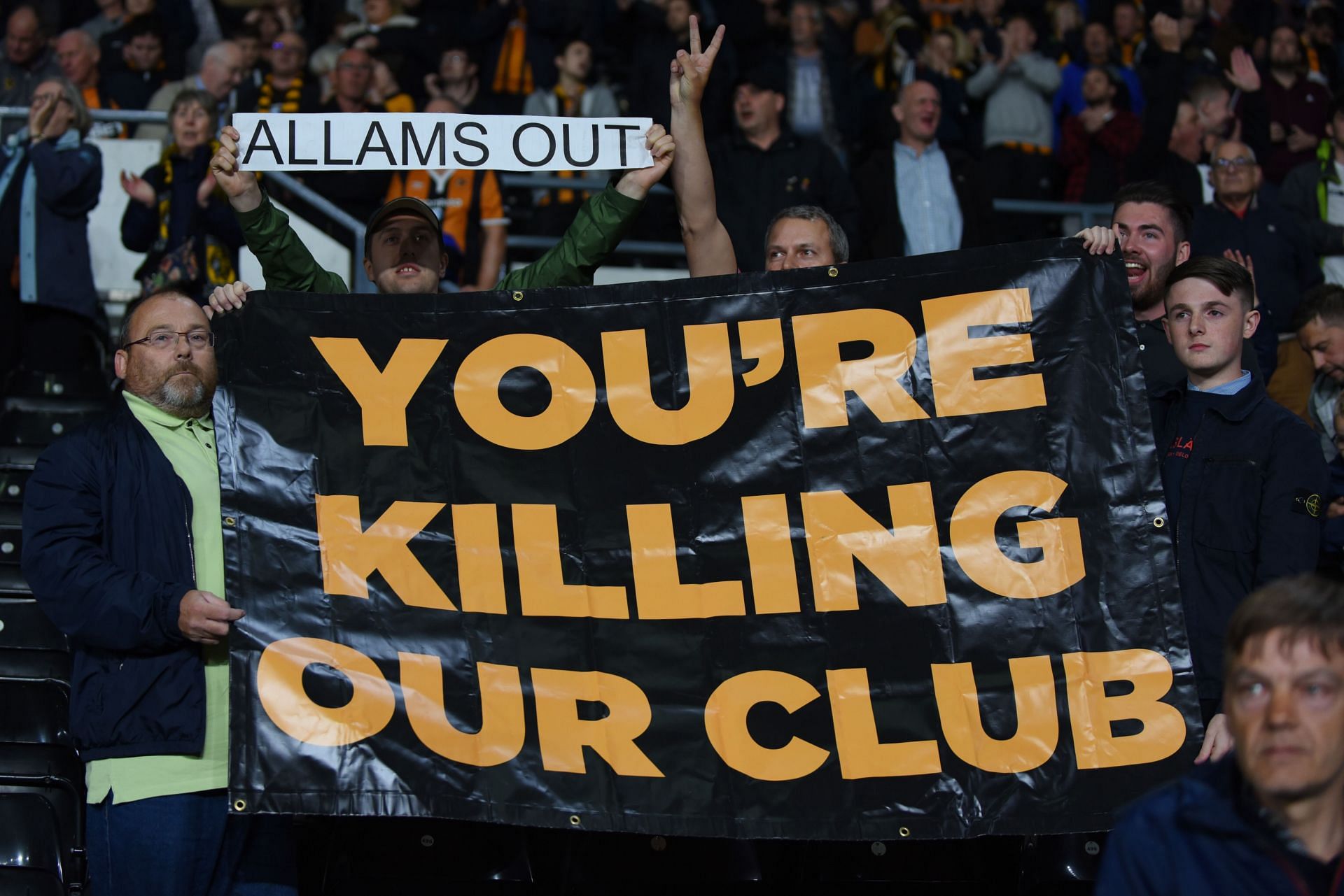 Derby Fans holding up a banner in protest of their club&#039;s owners