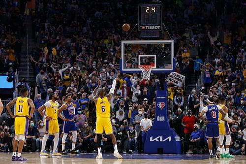 LeBron James attempts free throws in the clutch during Los Angeles Lakers v Golden State Warriors game.