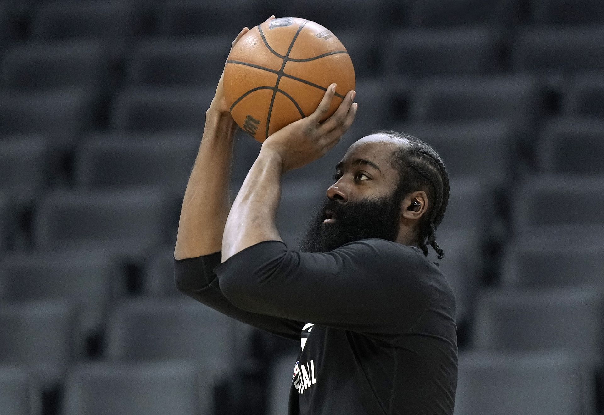 James Harden #13 of the Brooklyn Nets on the court warming up prior to the start of his game against the Sacramento Kings at Golden 1 Center on February 02, 2022 in Sacramento, California.