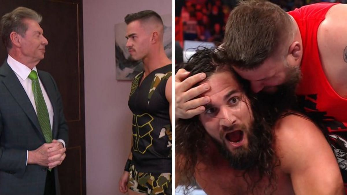 Vince McMahon and Austin Theory (left); Kevin Owens and Seth Rollins (right)
