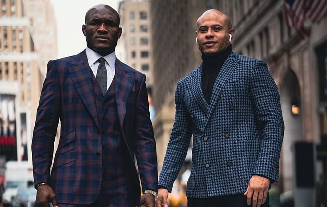 Kamaru Usman and Ali Abdelaziz watch LeBron James and the LA Lakers from courtside seats