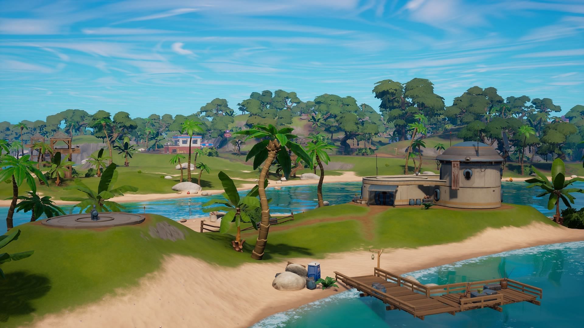 A Seven Outpost near the other landmarks (Image via Epic Games)