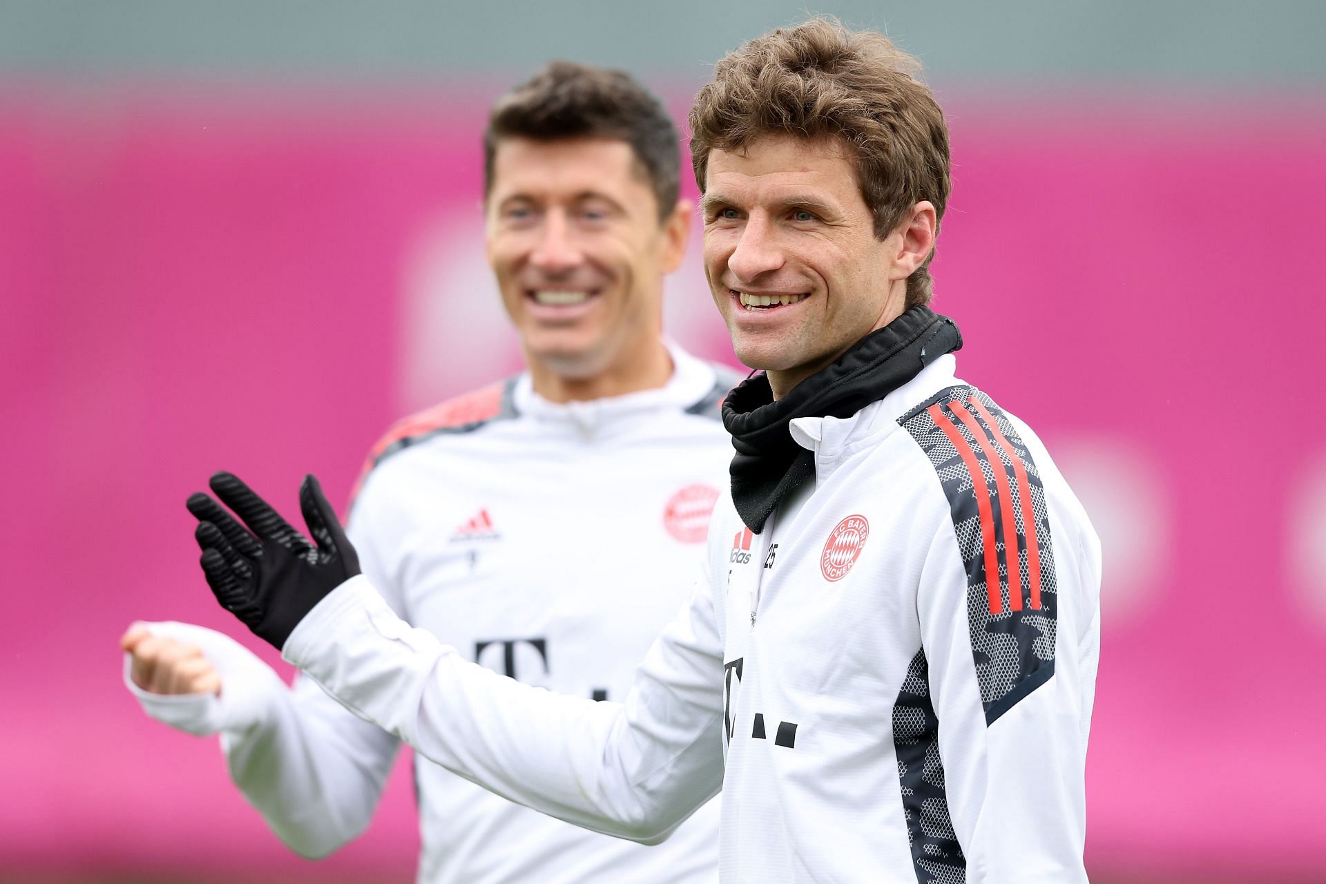 Robert Lewandowski and Thomas Muller during a training session.