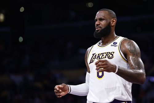 LeBron James #6 of the Los Angeles Lakers reacts during a game against the New Orleans Pelicans in the second half at Crypto.com Arena on February 27, 2022 in Los Angeles, California.