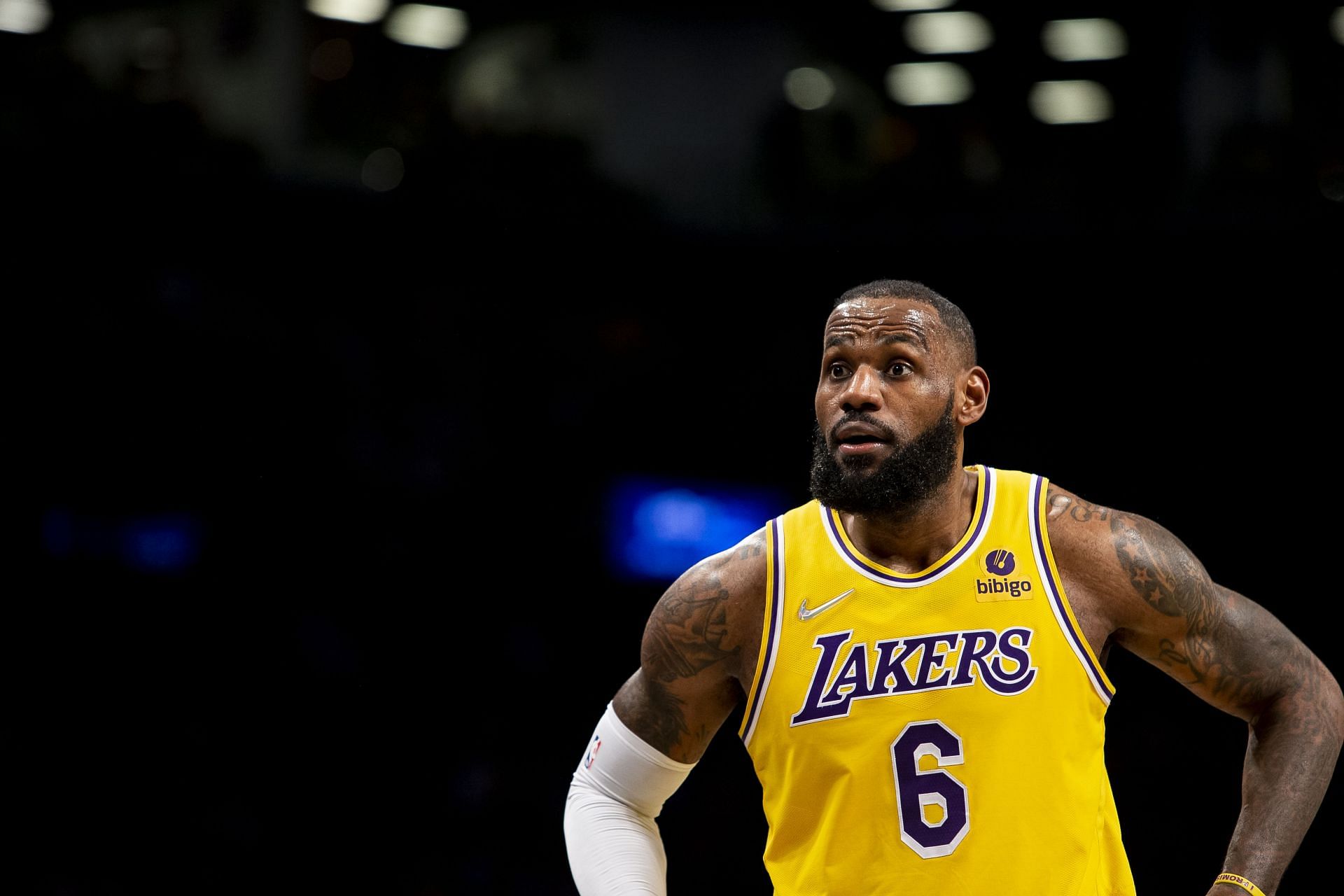 LeBron James of the LA Lakers reacts during action against the Brooklyn Nets on Jan. 25 in the Brooklyn borough of New York City.