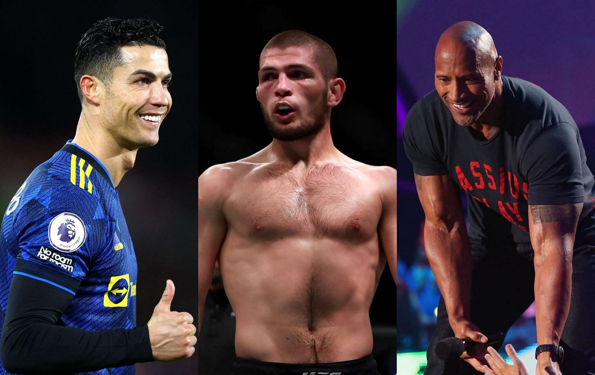 Cristiano Ronaldo (left), Khabib Nurmagomedov (center) &amp; Dwayne Johnson (right)