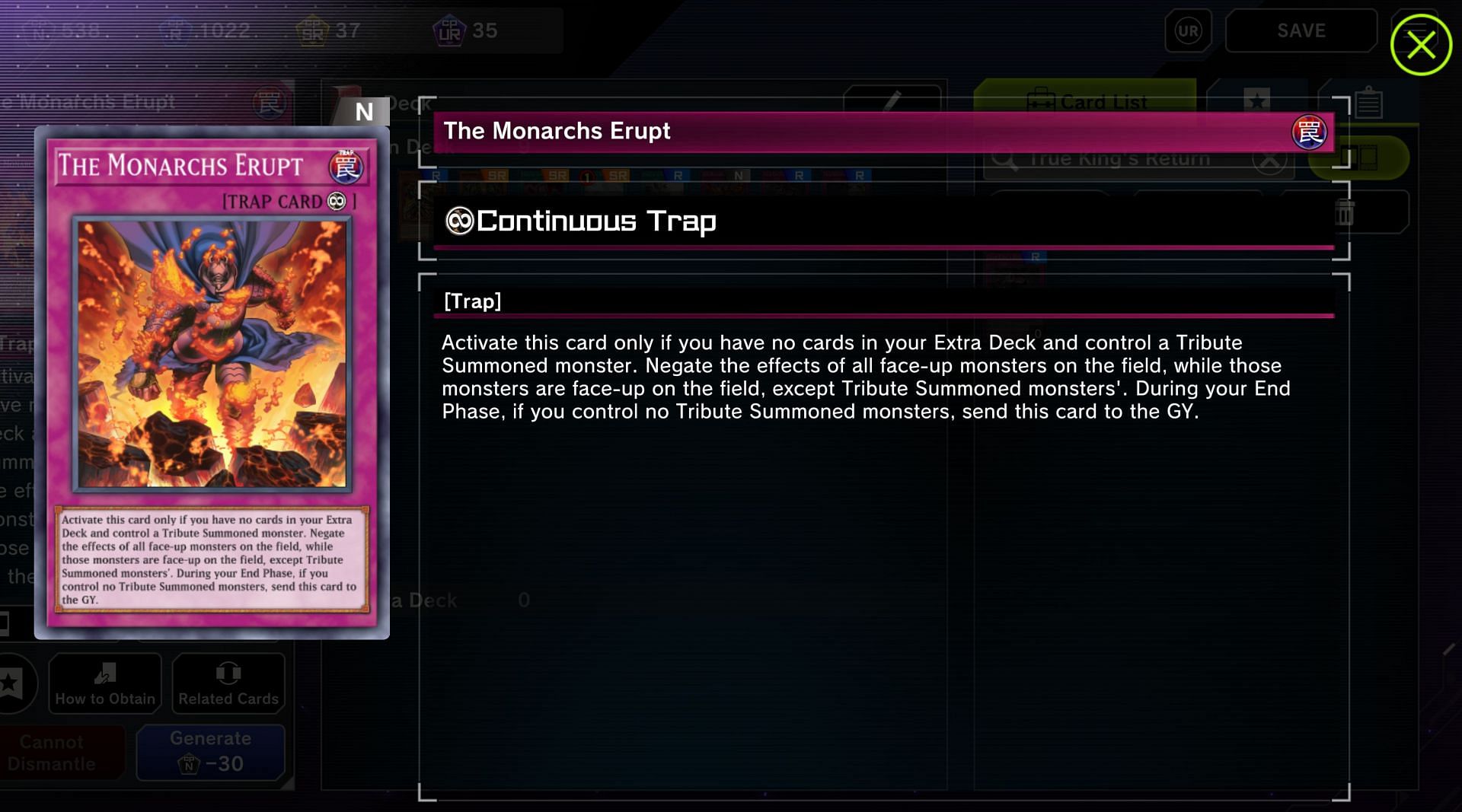 Skill Drain is great, but since all of our monsters are Tribute Summoned, The Monarchs Return is better value (Image via Konami)