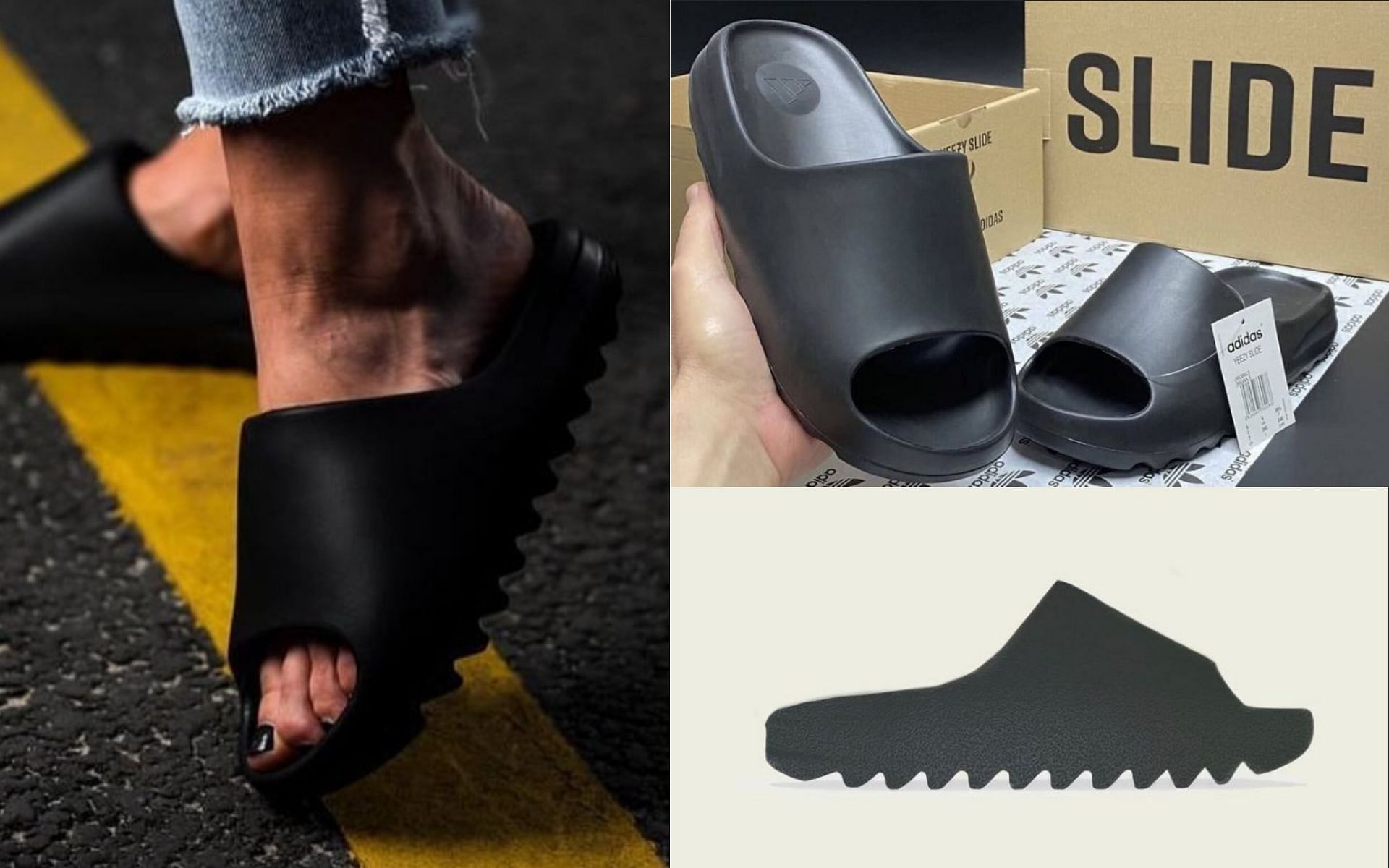 Adidas Yeezy Slide Onyx will be restocked this spring (Image via Instagram/bstsneakerlm and topmenshopua)