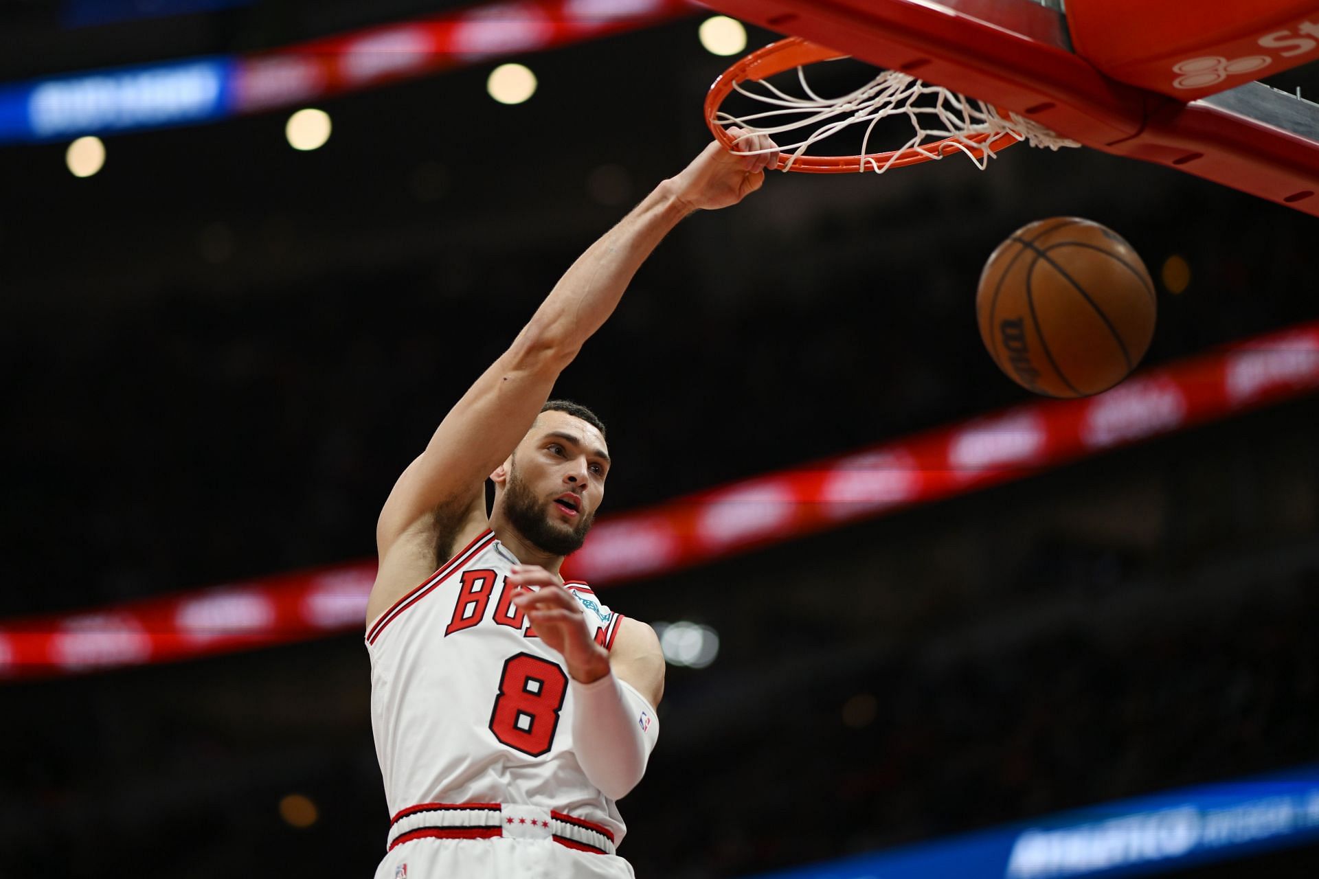 Zach LaVine #8 of the Chicago Bulls dunks the ball.