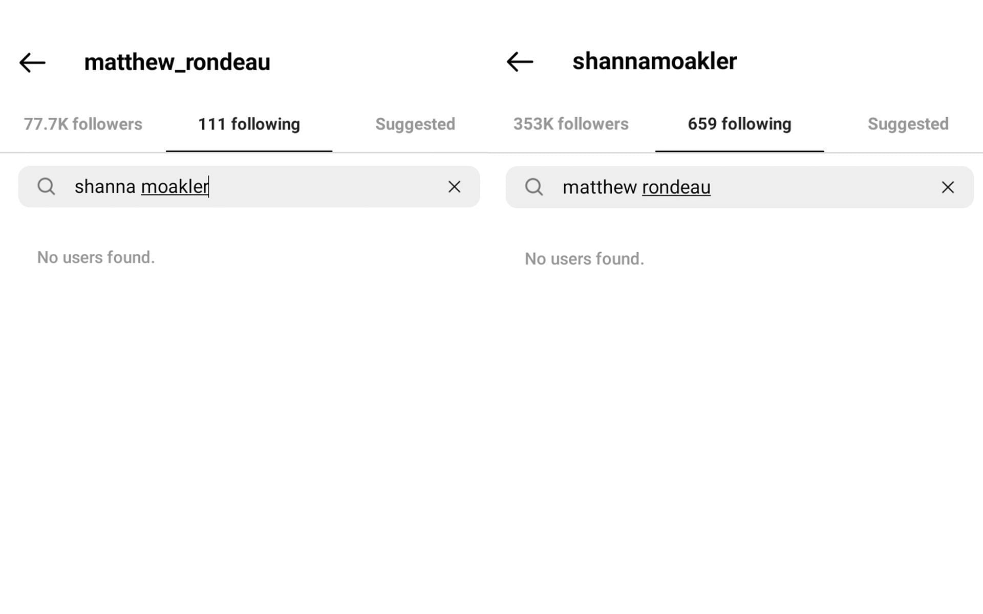 Shanna Moakler and Matthew Rondeau unfollowing each other (Image via Sportskeeda)