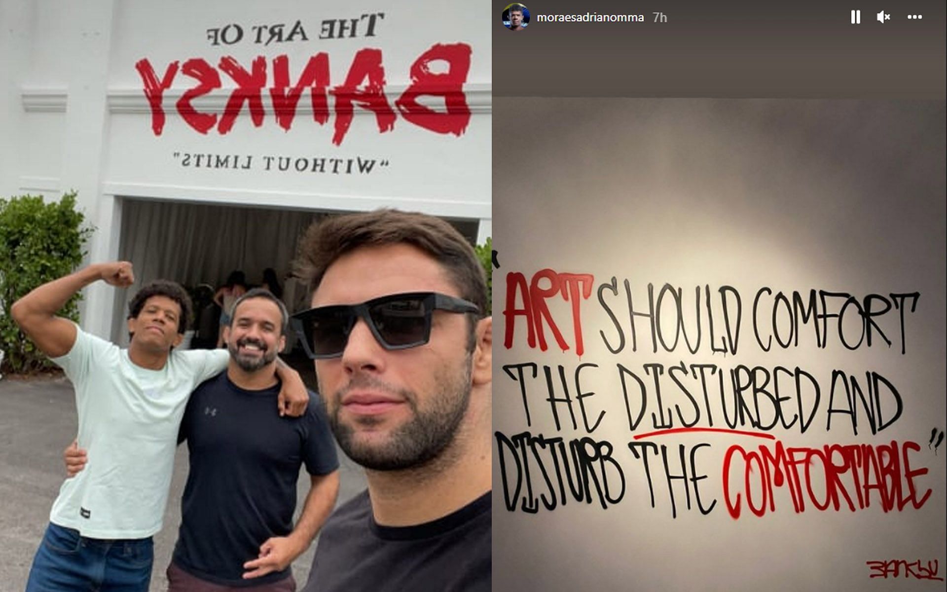 Adriano Moraes (Left, arm raised) and Buchecha (Foreground, in shades) spent some time admiring the art of Banksy in Florida. [Photos: Buchecha and Moraes&#039; Instagram stories]