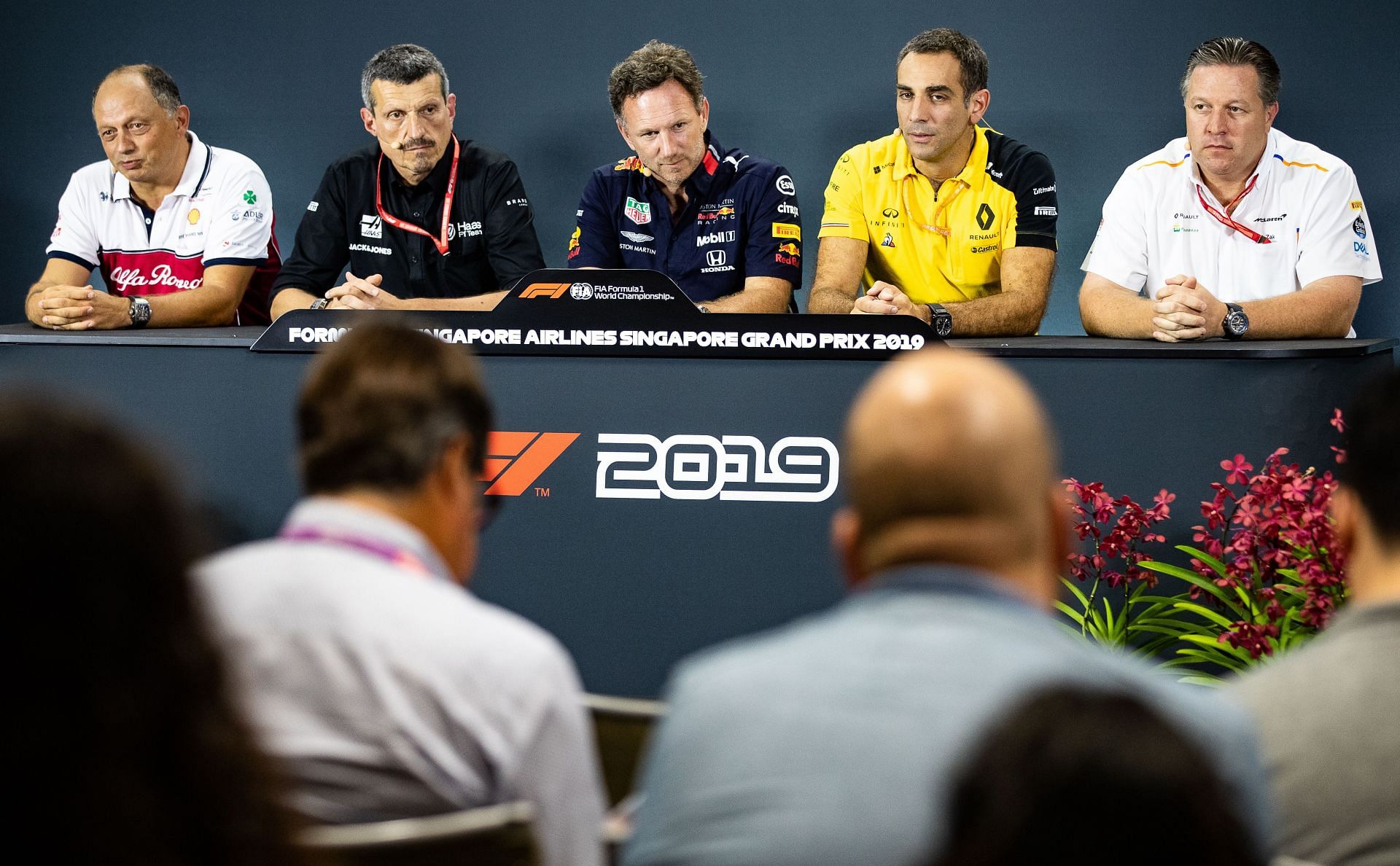 Zak Brown (extreme right) with fellow F1 team principals ahead of the 2019 Singapore Grand Prix