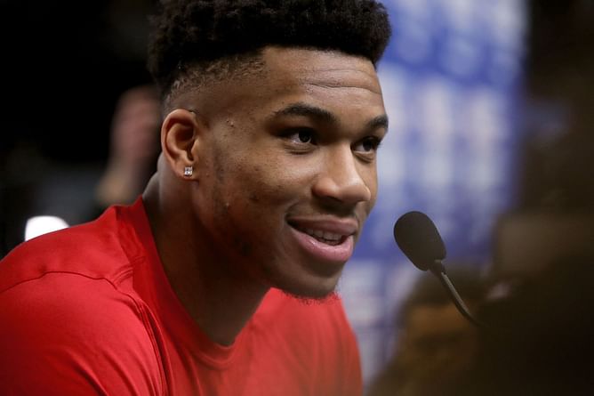 Watch: Giannis Antetokounmpo reaches into his bag of one-liners for a football themed joke in honor of Super Bowl week