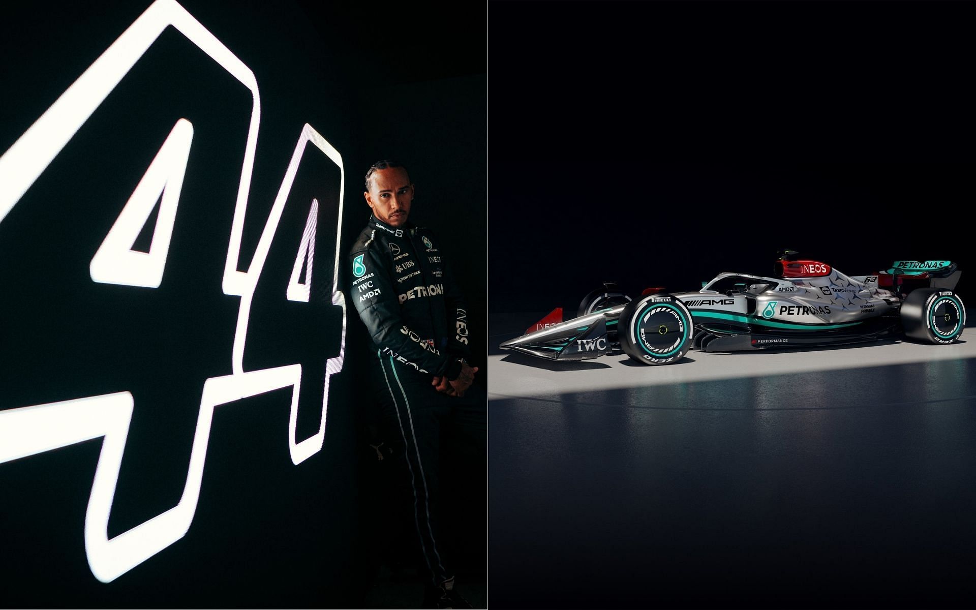Lewis Hamilton (left) and the new Mercedes W13 (right) (Image Courtesy: @MercedesAMGF1 on Twitter)