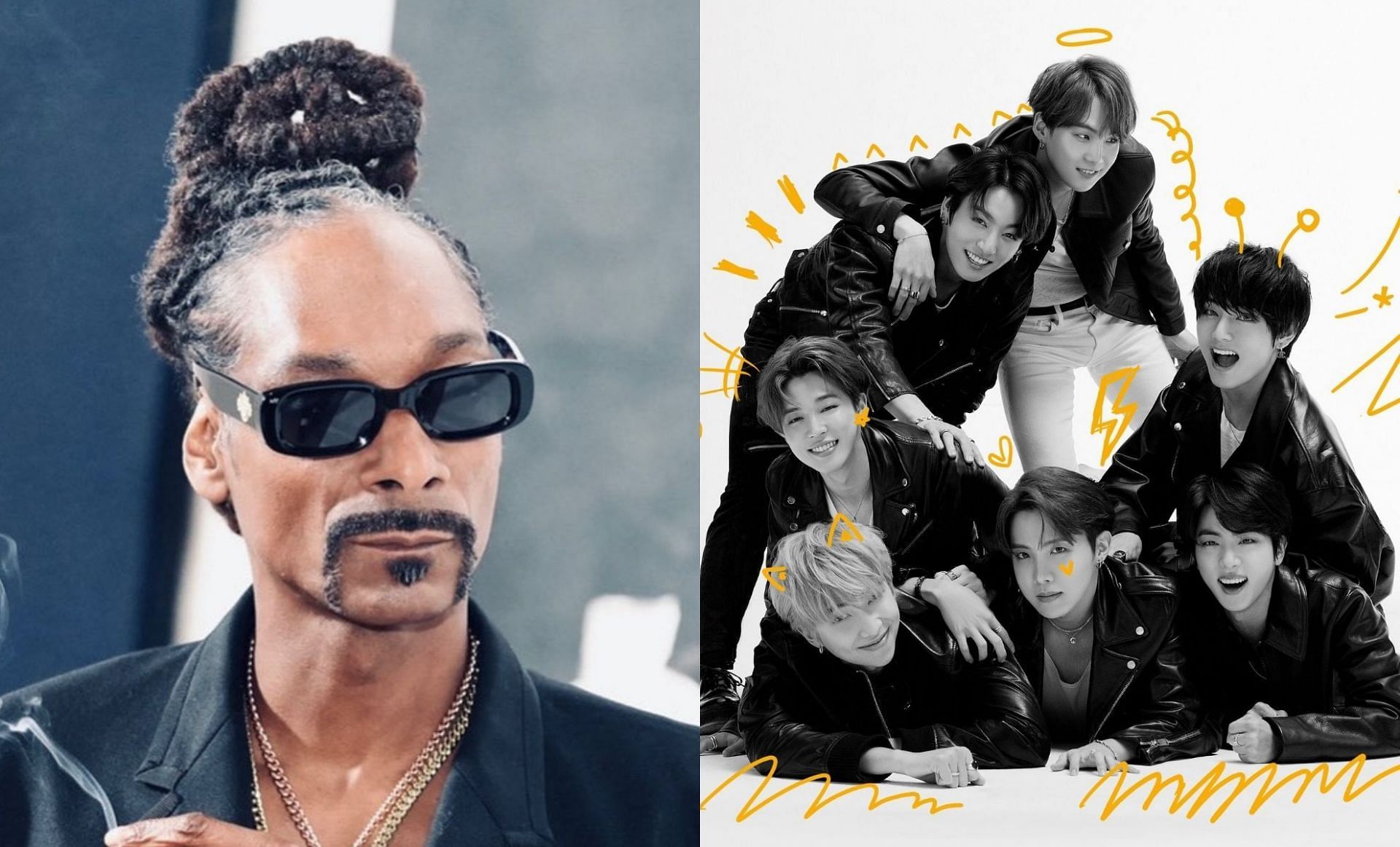 Snoop Dogg (left) says BTS (right) reached out for a collaboration (Image via @snoopdogg/Instagram and @BIGHIT_MUSIC/Twitter)
