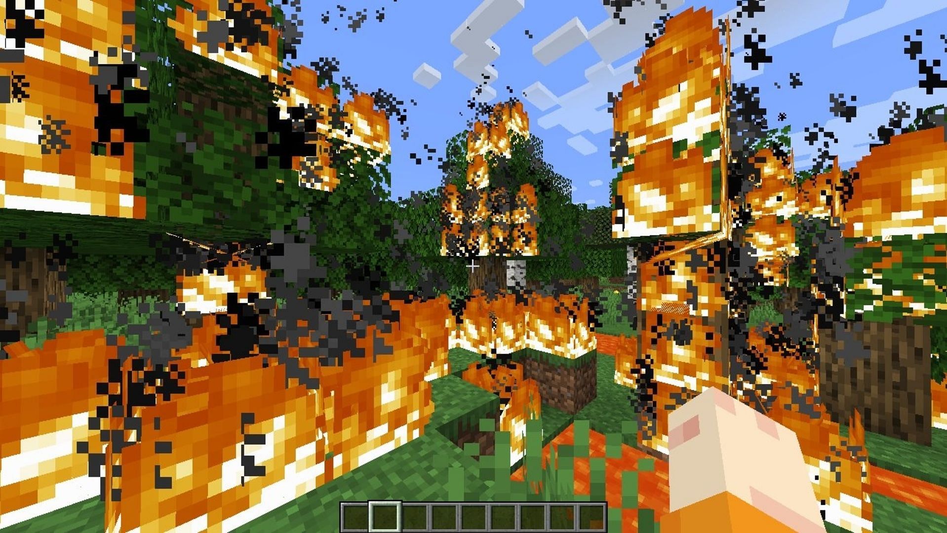 Burning trees saves time compared to players cutting them down (Image via Mojang)