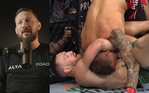 John Kavanagh (left) via YouTube/Mark Bouris, Conor McGregor attempts a guillotine choke against Dustin Poirier at UFC 264 (right) via YouTube/mma_highlights