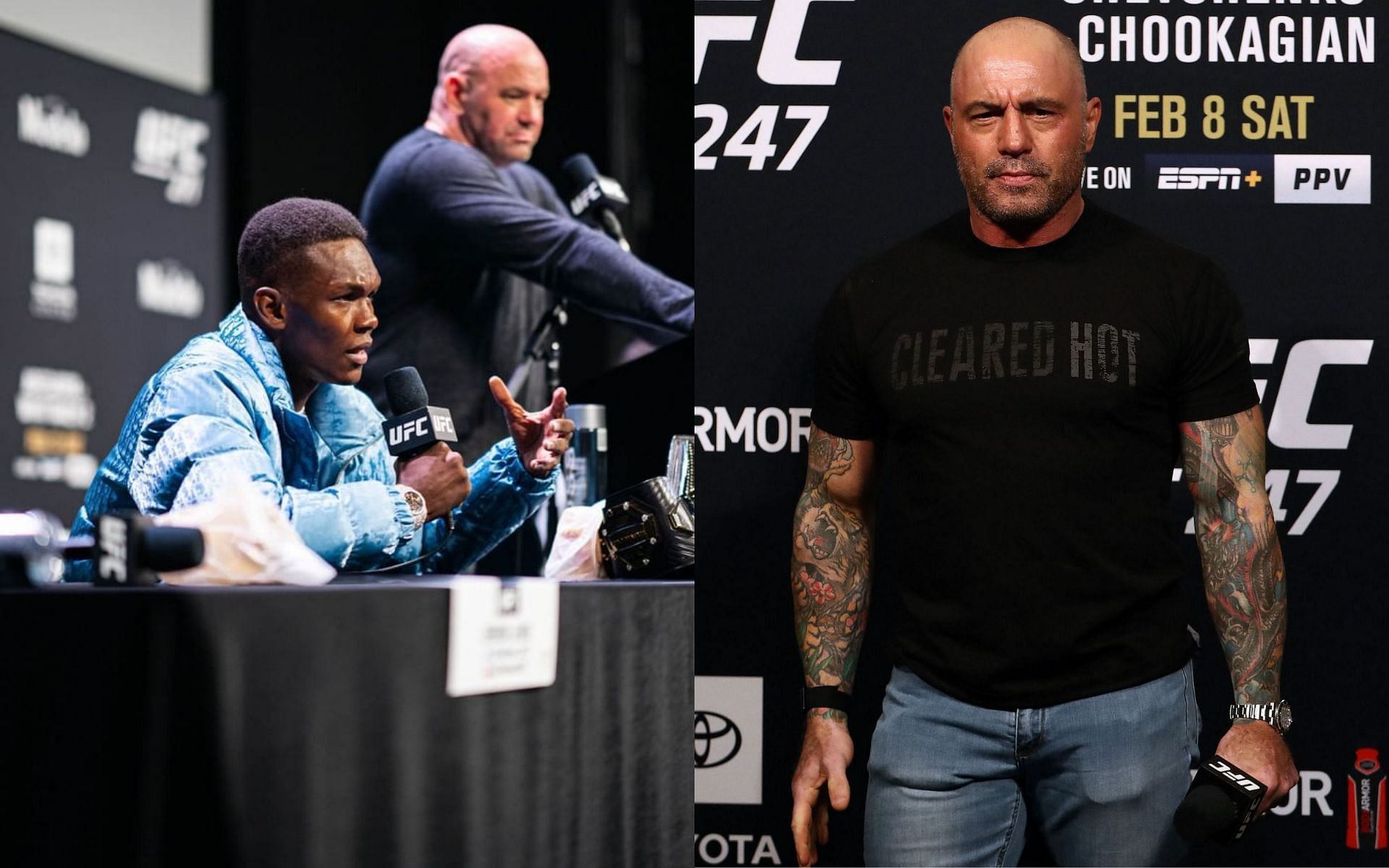 Israel Adesanya (left) and Joe Rogan (right) [Left photo via @ufc on Instagram]