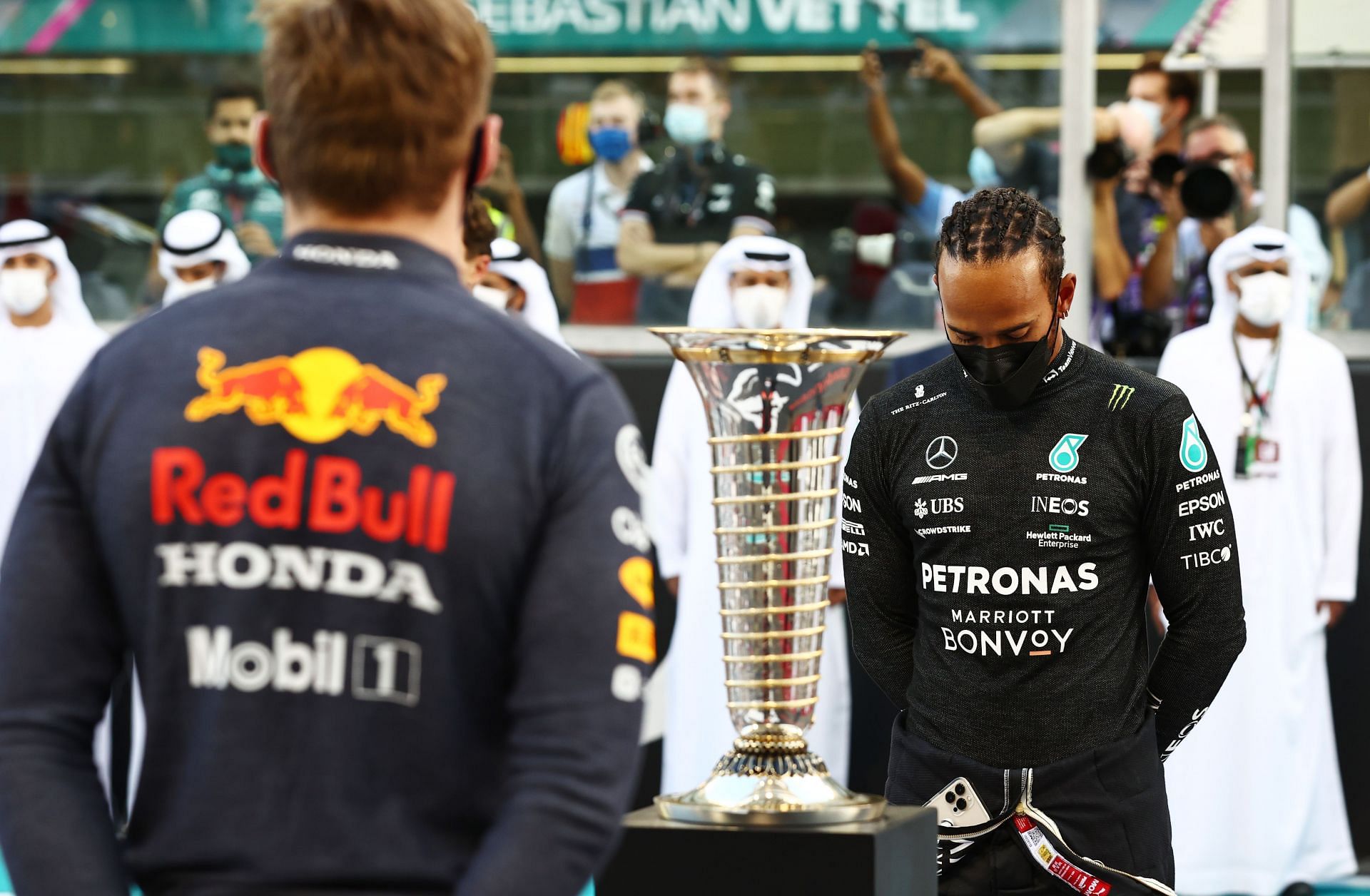 Lewis Hamilton (aft) and Max Verstappen (fore) ahead of the controversial 2021 season finale in Abu Dhabi