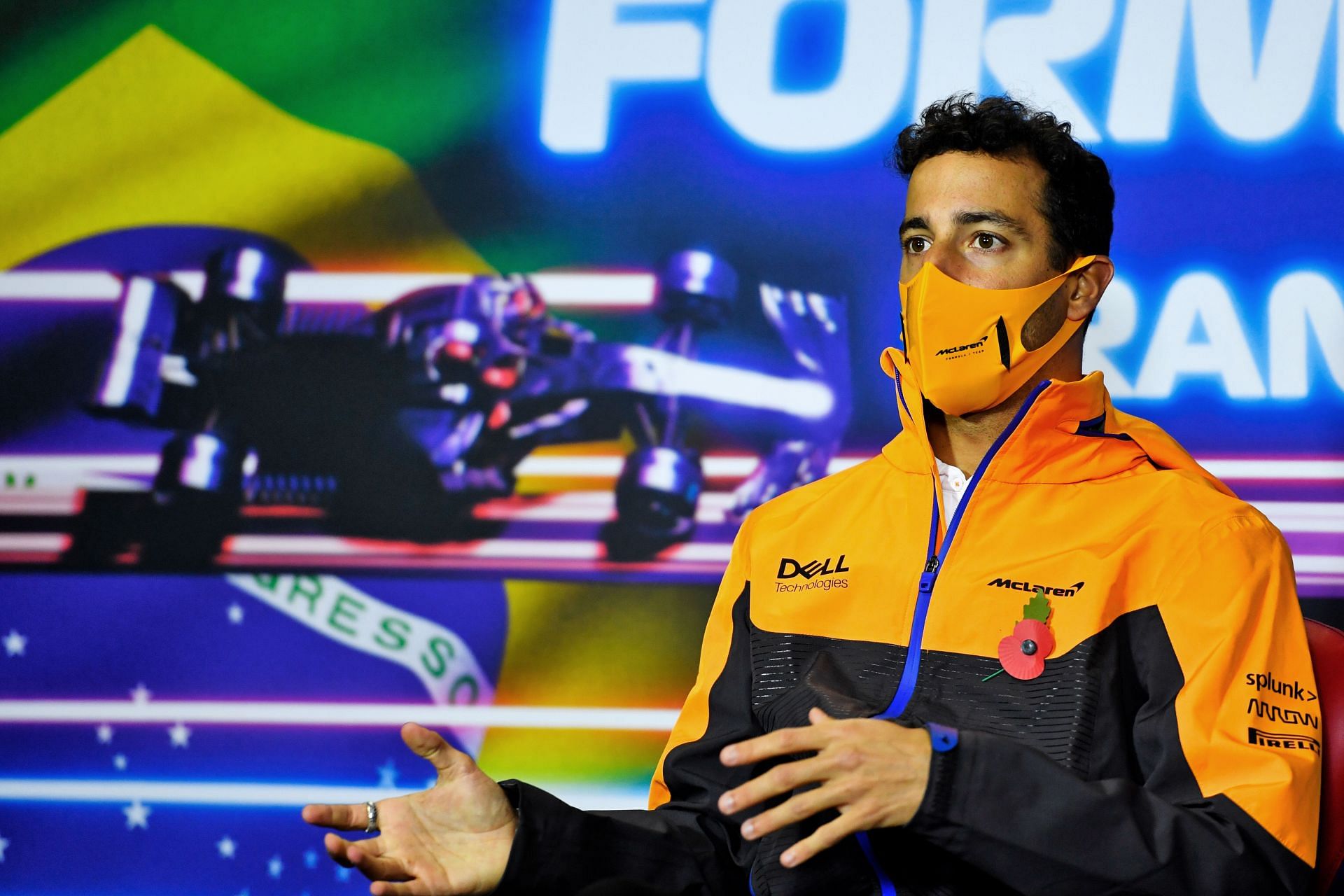 Daniel Ricciardo in conversation with the press at the 2021 Sao Paulo Grand Prix (Photo by Rudy Carezzevoli - Pool/Getty Images)