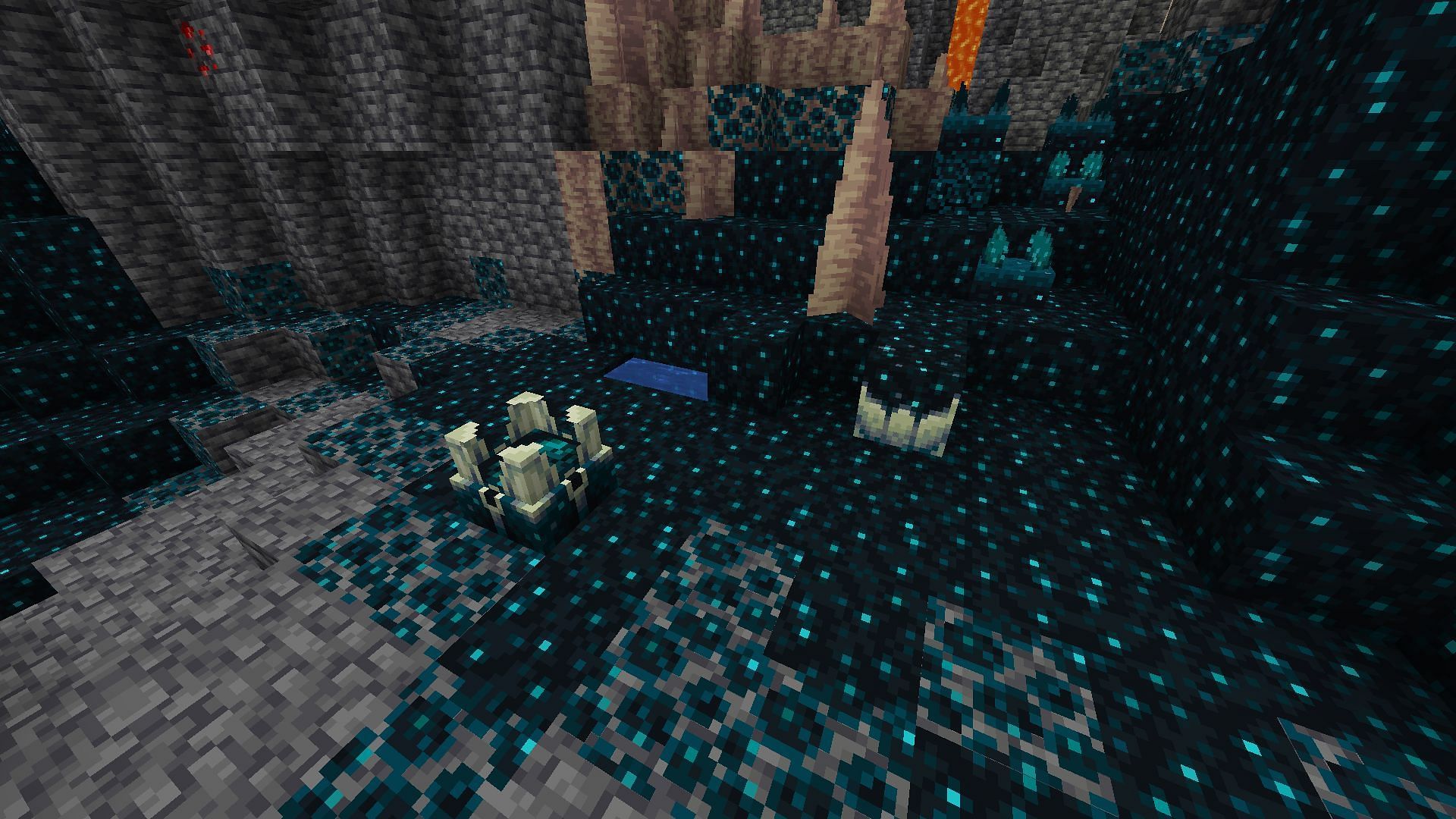 Deep Dark biome with sculk shrieker block (Image via Minecraft)