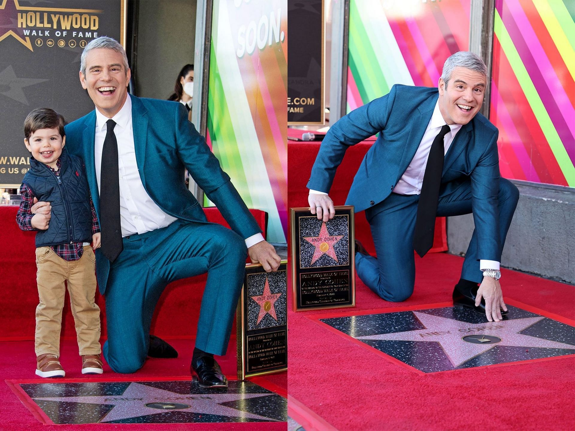 Andy Cohen with his son at the &#039;Walk of Fame&#039; star ceremony (Image via Alerie Macon/AFP/Getty Images, and Amy Sussman/Getty Images)