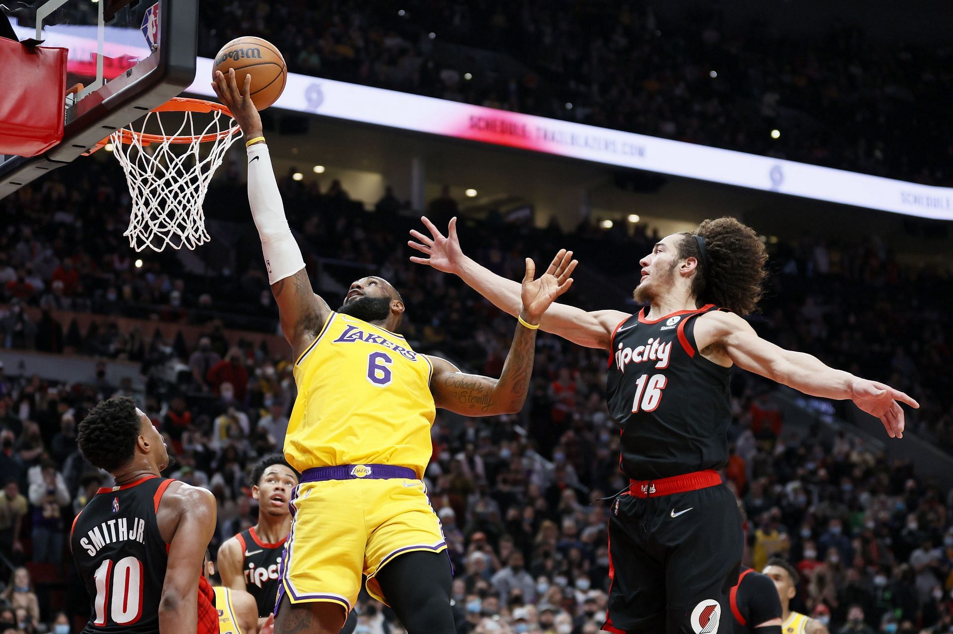 LeBron James of the LA Lakers against the Portland Trail Blazers