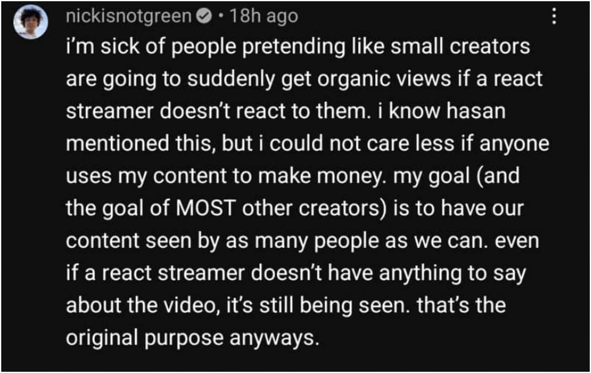 One of the content creators knows that small creators aren&#039;t going to get a bunch of organic views out of content creation, but that&#039;s not the goal (Image via Hasan&#039;s YouTube)