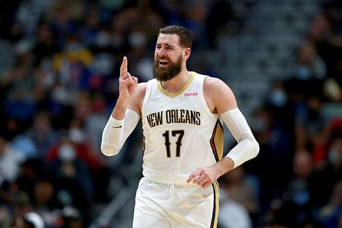 Pelicans star Jonas Valanciunas celebrates after a basket