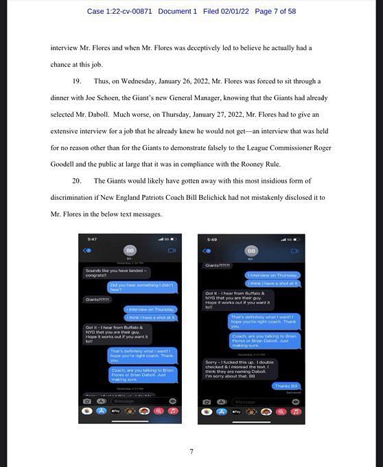 Belichick text message at center of Brian Flores NFL discrimination lawsuit