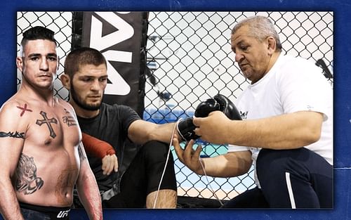 Diego Sanchez (left), Khabib (center) & Abdulmanap Nurmagomedov (right) [Image Credits- @ufc.com & @khabib_nurmagomedov on Instagram]