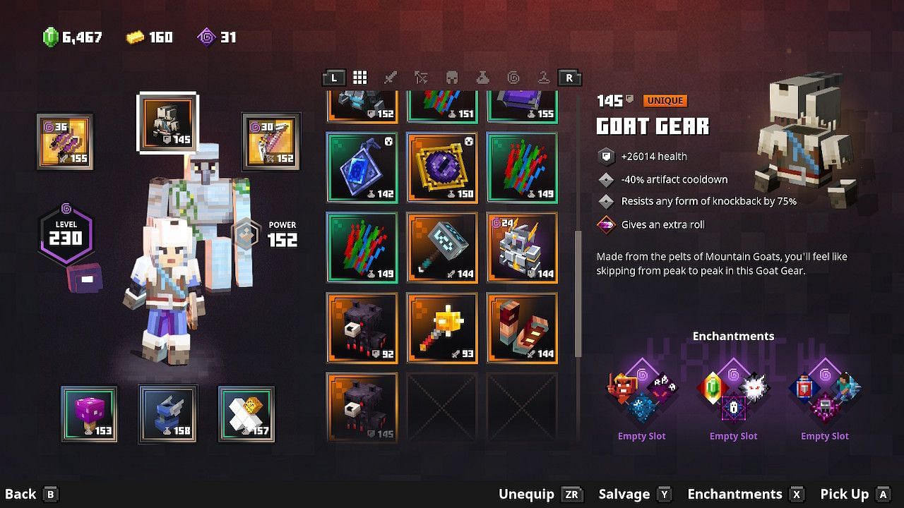 Goat Gear is a hybrid style armor specializing in cooldown reduction and knockback resistance (Image via Minecraft Dungeons)