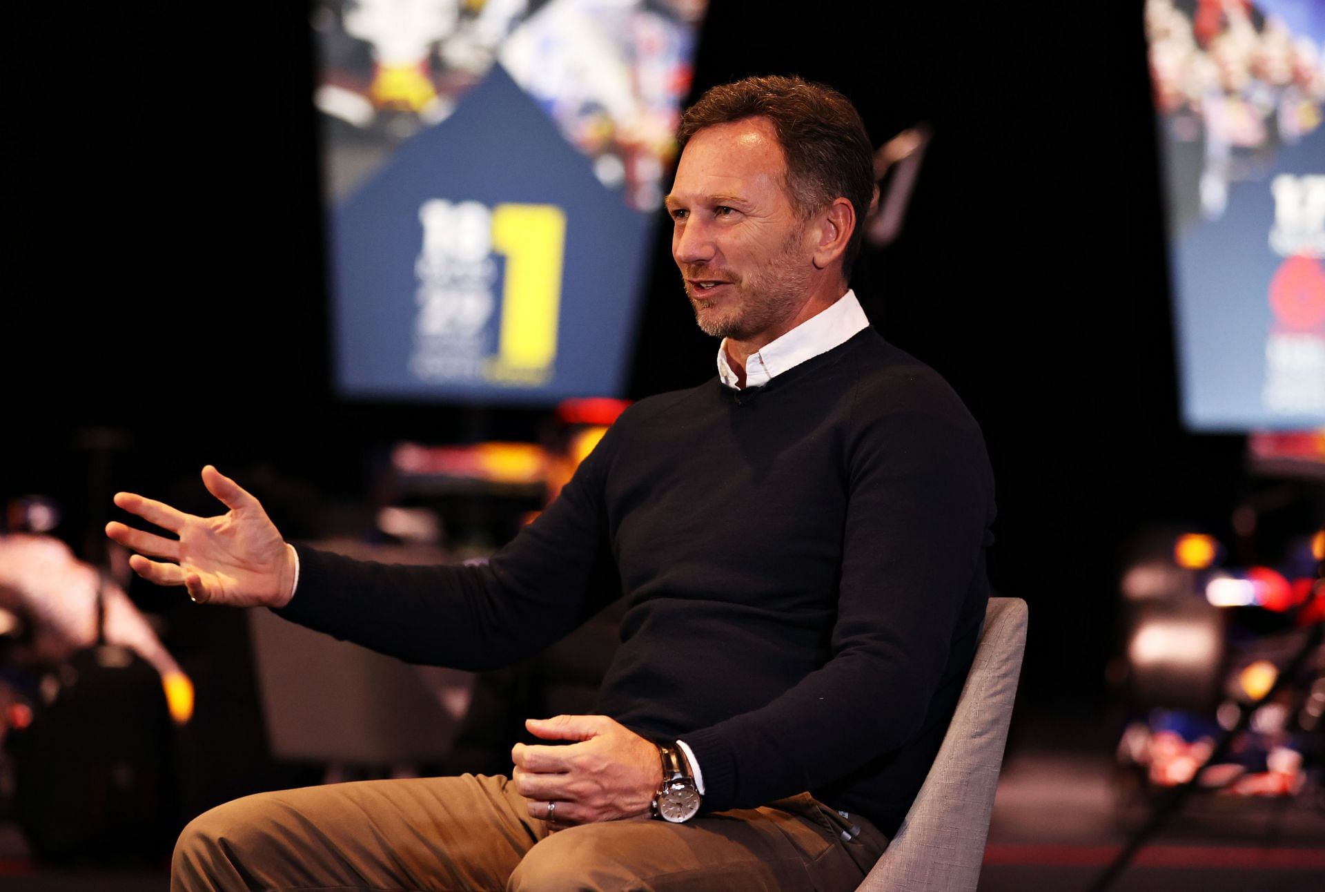 Red Bull Racing team principal Christian Horner talks to the media at Red Bull Racing Factory