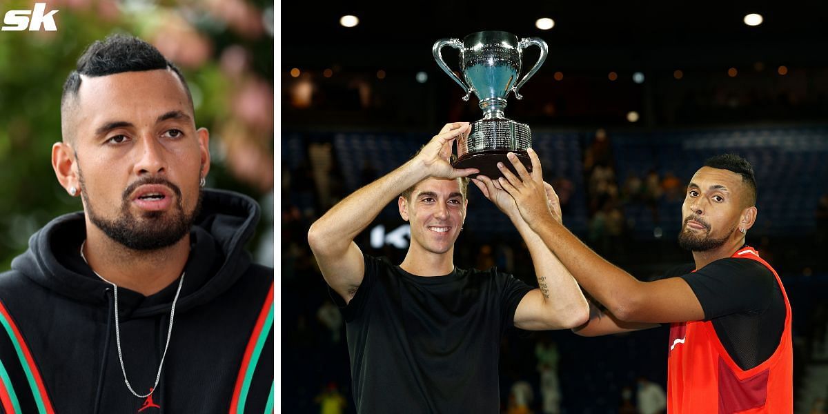 Nick Kyrgios and Thanasi Kokkinakis with the 2022 Australian Open doubles trophy