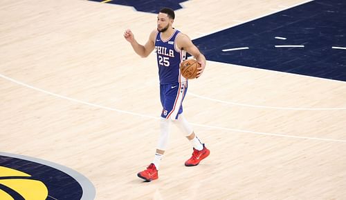 Ben Simmons of the Philadelphia 76ers dribbles the ball against the Indiana Pacers on May 11, 2021, in Indianapolis, Indiana.